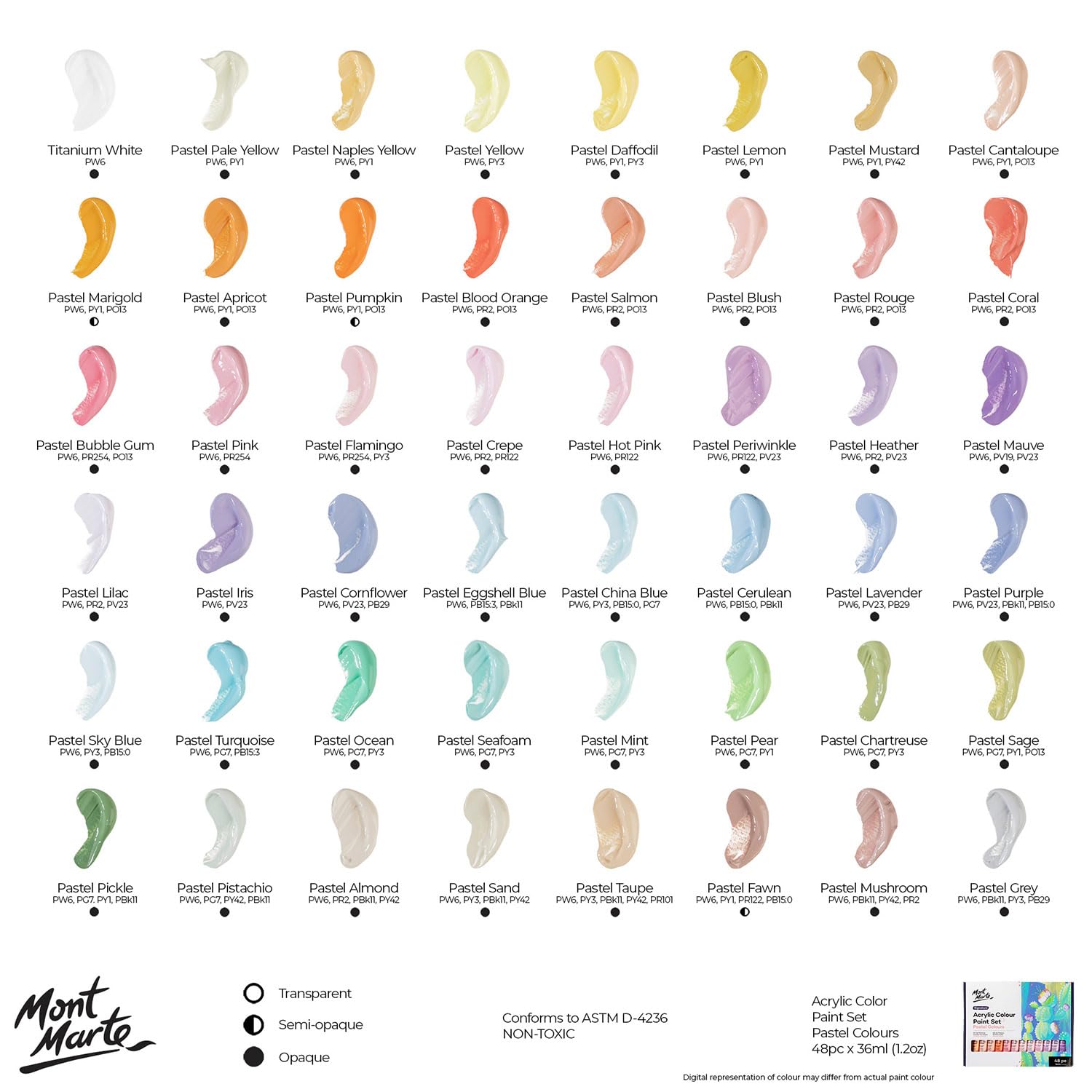 Mont Marte Acrylic Colour Pastel Paint Set Signature 48pc x 36ml (1.2 US fl.oz), Creamy Pastel Acrylic Paint Set, Good Coverage, Semi-Matte Finish, Ideal For Most Art and Craft Surfaces. - Image 3