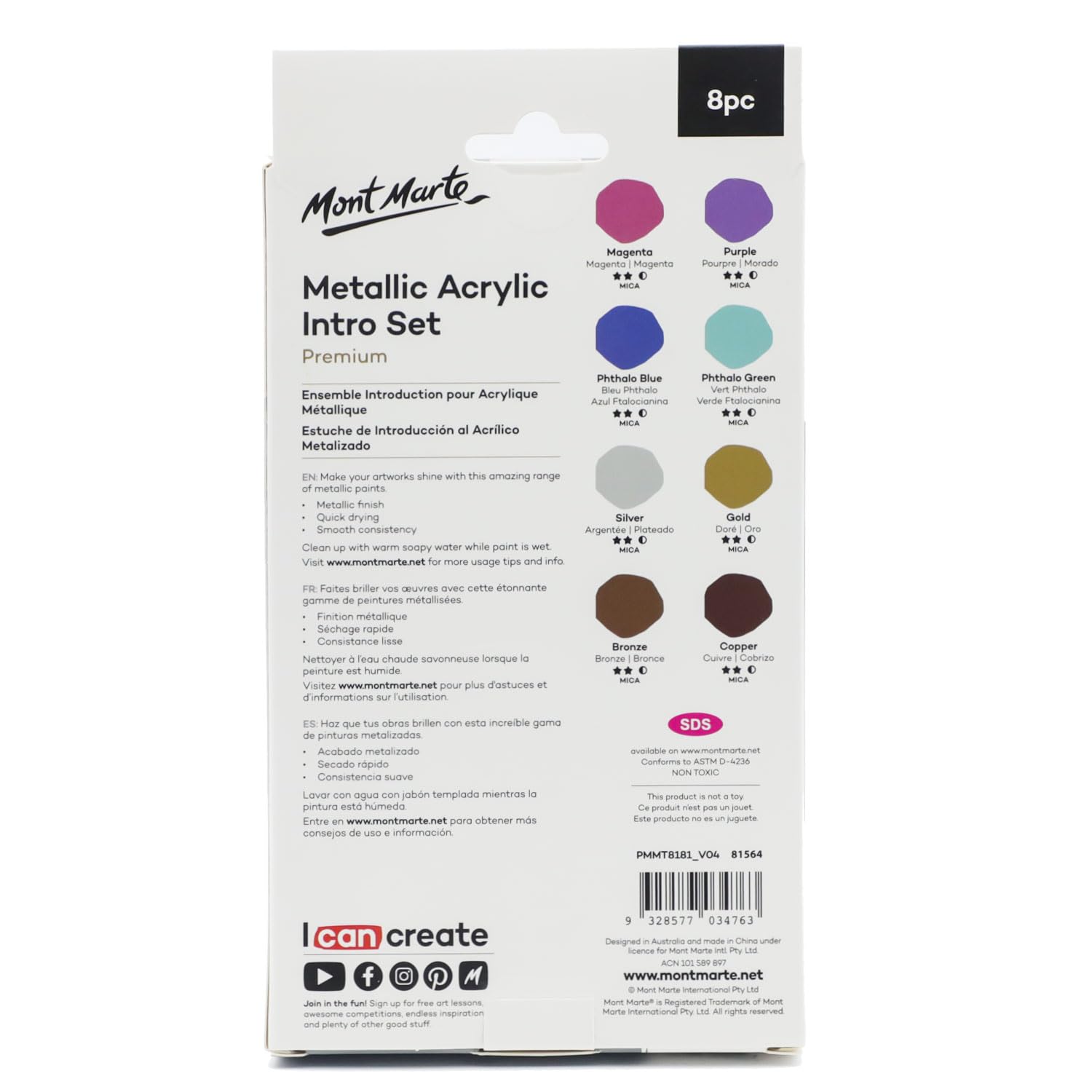 Mont Marte Metallic Acrylic Paint Set 8 Piece x 18 ml Tubes, Lightfast Colors with Smooth Consistency and Opaque Metallic Finish. - Image 6