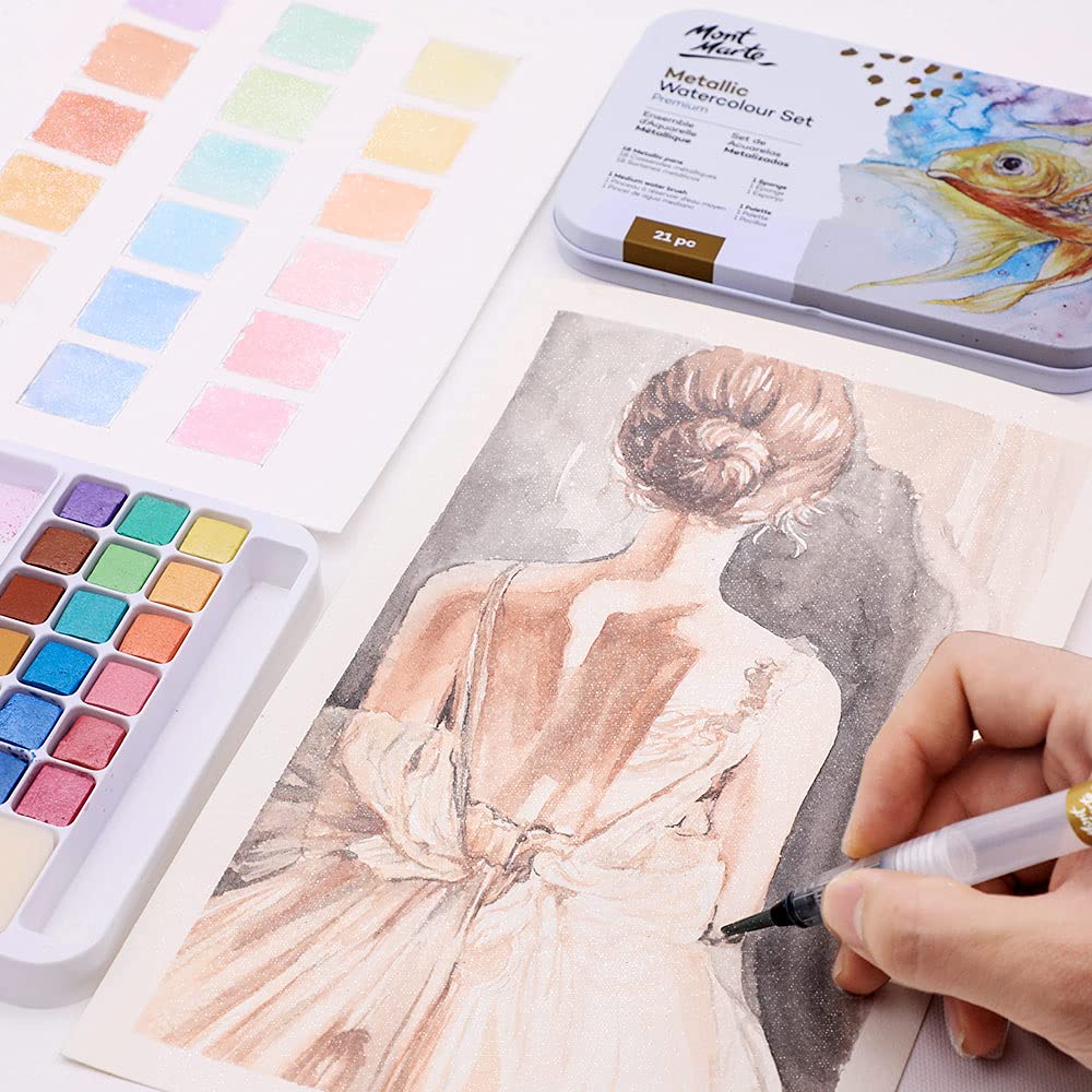 Mont Marte Premium Metallic Watercolor Cake Set, 21 Piece, 18 Colors, 1 Water Brush, 1 Sponge, 4 Mixing Wells - Image 4