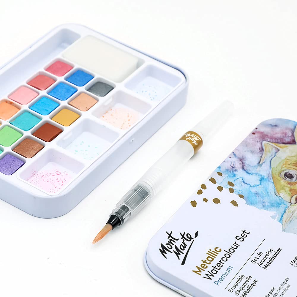 Mont Marte Premium Metallic Watercolor Cake Set, 21 Piece, 18 Colors, 1 Water Brush, 1 Sponge, 4 Mixing Wells - Image 5