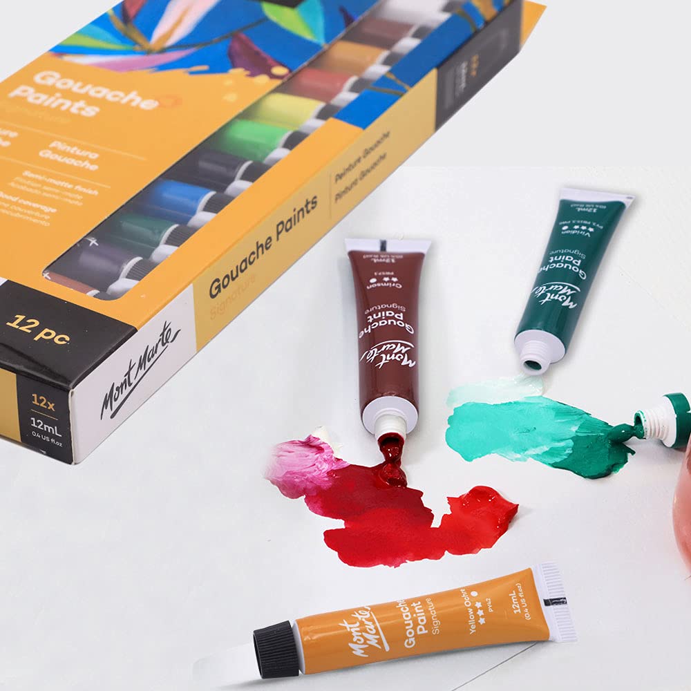 Mont Marte Signature Gouache Paint, 12 x 0.4oz (12ml), Semi-Matte Finish, 12 Colors, Suitable for use with Canvas, Watercolor Paper, Watercolor Paints and Mixed Media - Image 4