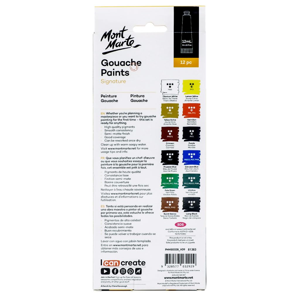 Mont Marte Signature Gouache Paint, 12 x 0.4oz (12ml), Semi-Matte Finish, 12 Colors, Suitable for use with Canvas, Watercolor Paper, Watercolor Paints and Mixed Media - Image 7