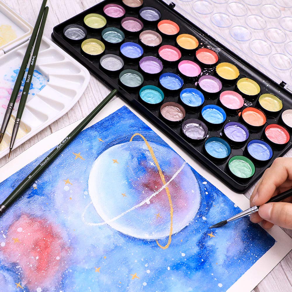Mont Marte Signature Metallic Watercolor Set, 37 Piece Pearl Paint, 36 Vibrant Colors, 1 Paint Brush - Image 3